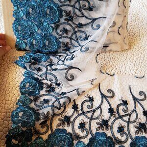 French Embroidered Lace Edging - Blue, Turquoise, Black 7.5" by the yard